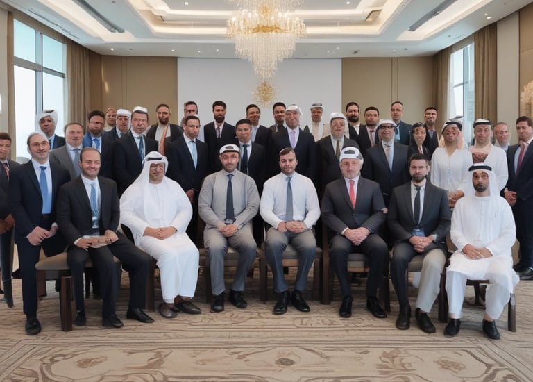 A group of people dressed in formal attire are standing in front of a real estate office. The storefront displays a large sign with an URL and various social media icons, and text in a foreign language. The group mostly consists of men in white shirts and dark trousers, standing in a straight line, with two women at either end of the row.