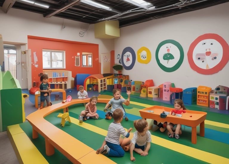 Two children are seated outside on wooden benches at a small desk, engaged with a blackboard that has writing on it. An adult stands nearby, seemingly instructing or observing them. The setting has rustic wooden and painted walls, and the environment appears casual yet educational.