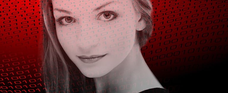 Young woman with zeros and ones overlayed on her face