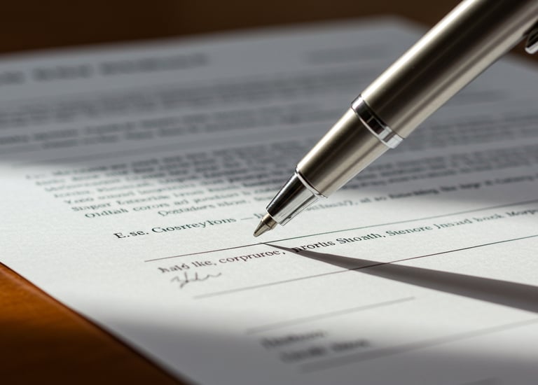Pen on signature line of a contract document 