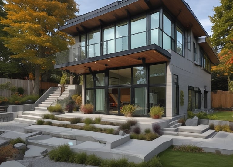 A series of modern wooden houses with large glass windows and triangular, black shingled roofs. The architecture features balconies with glass railings, creating a sleek and contemporary appearance.
