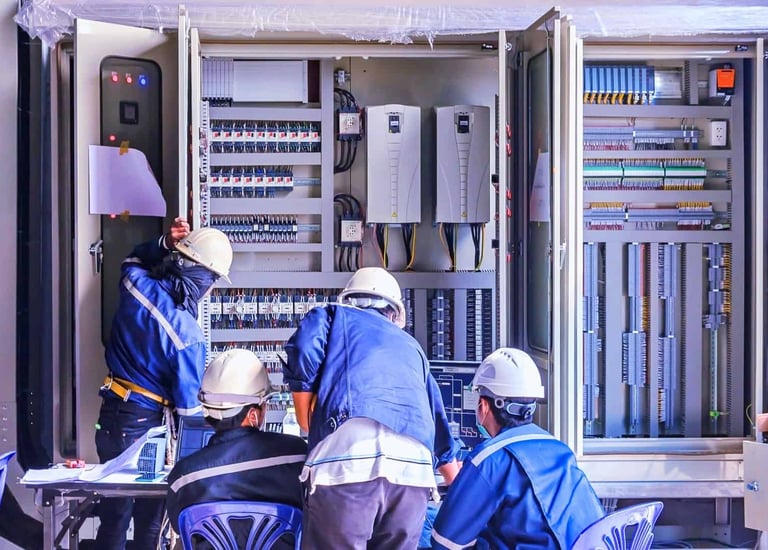 uma equipe de trabalhadores ajustando um painel 