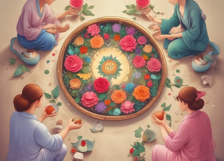 An open book lies on a flat surface with visible text on the page, featuring the heading 'Loving Oneself as the Path to the Divine.' Accompanied by a small sprig of white flowers resting on the left side of the book.