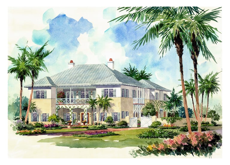 Hand painted watercolor of architect's design for a high end house in South Florida.