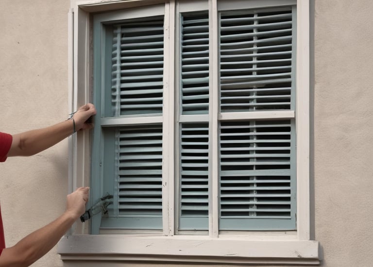 A section of a wall is being painted. The surface appears partially covered with paint, and various painting supplies are present, including a large paint bucket and a brush. The ground is protected with plastic sheets, and there is a close-up of paint on a tool in the foreground.