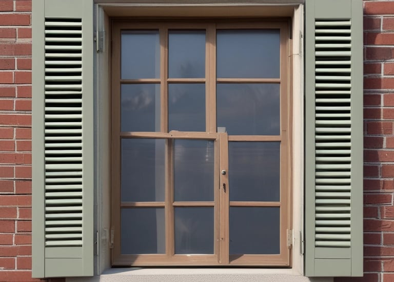 A person wearing protective clothing is painting the exterior of a building while crouched on a narrow ledge. Next to the person is a satellite dish attached to the wall. Several windows are open above the person, providing some ventilation.