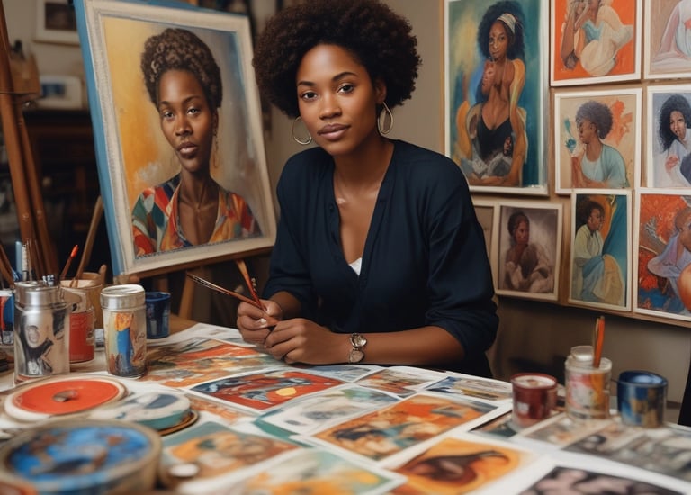 A joyful woman painting in a bright studio filled with art.