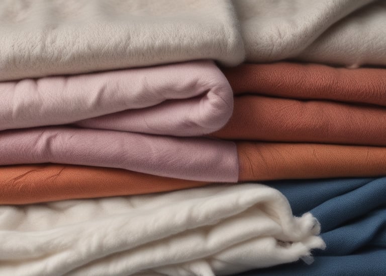 A variety of knitted and crocheted textiles, including hats, scarves, and socks, arranged on a wooden floor. There are several balls of yarn in different colors, knitting needles, and crochet hooks scattered around. The textures are soft and cozy, featuring earthy tones like gray, beige, and dark blue.
