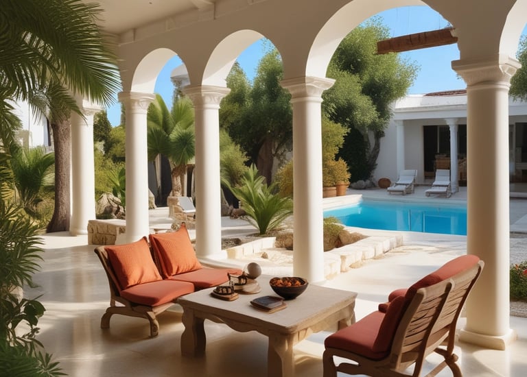 Luxury patio with arched columns, wooden lounge furniture, and a view of a tropical swimming pool.