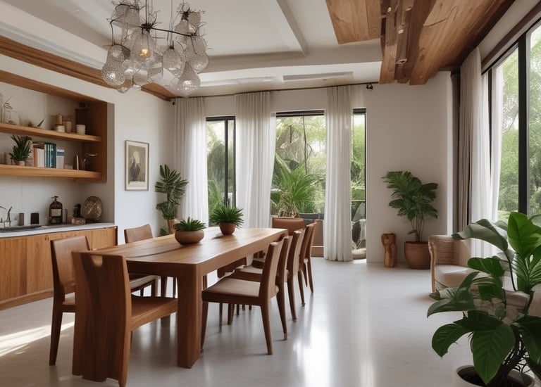 Modern dining room featuring a large wooden table, designer pendant light, and indoor plants with garden views.
