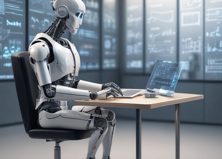 A small, round robot with a smooth white surface and blue accents operates a blue laptop on a sleek, floating platform. The robot has glowing eyes and an antenna on its head, with an 'AI' emblem on its front.