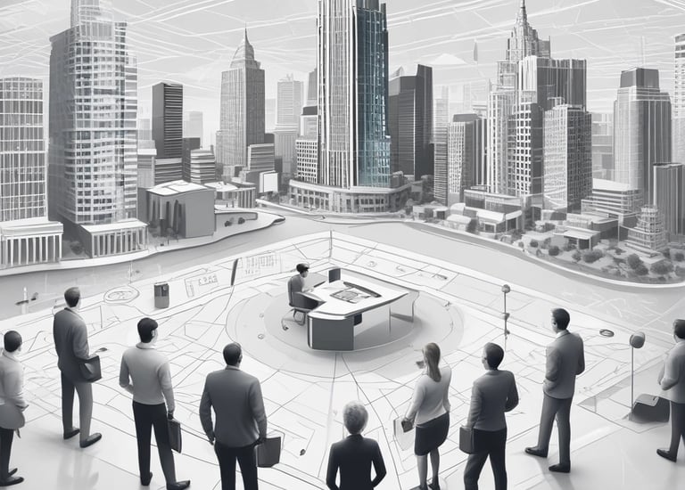 A person working remotely with a city skyline in the background.