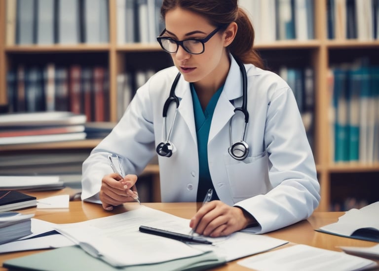 A recruiter reviewing resumes in a bright office.
