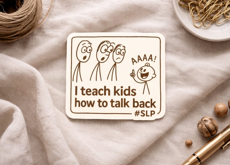 Speech Language Pathologist sticker featuring a funny cartoon of a child talking back to adults with SLP hashtag.