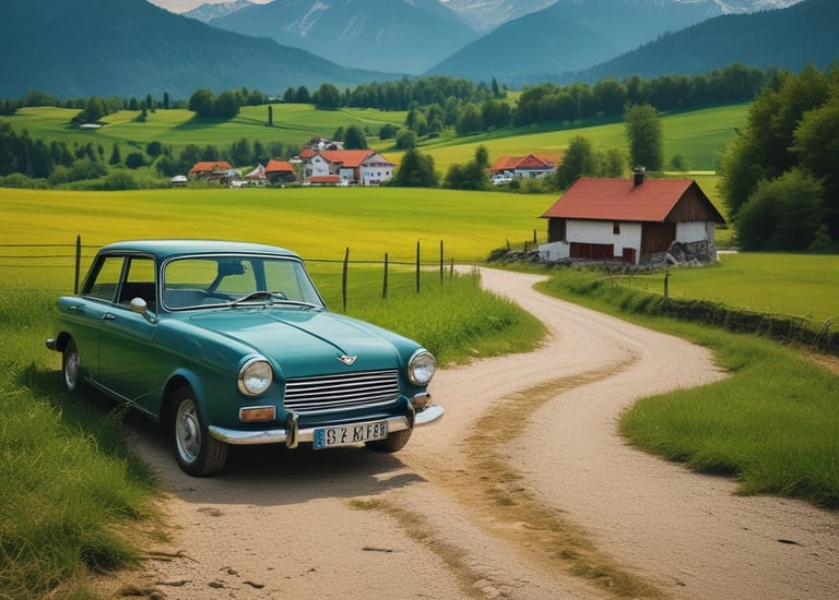 A wooden cabin is nestled among lush green hills and surrounded by a vineyard. The vines are neatly arranged in rows, and the area is abundant with green foliage from various trees and plants. The landscape is vibrant and healthy, showcasing the beauty of nature in a rural setting.