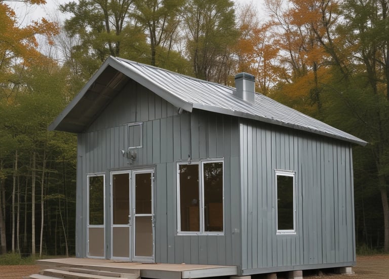 A modern, industrial-style building with a large overhanging metal roof structure. The structure is supported by a grid of steel beams and columns. Below the roof, there is a building with large glass windows reflecting a soft peach and blue sky. The setting appears to be an open, outdoor area.