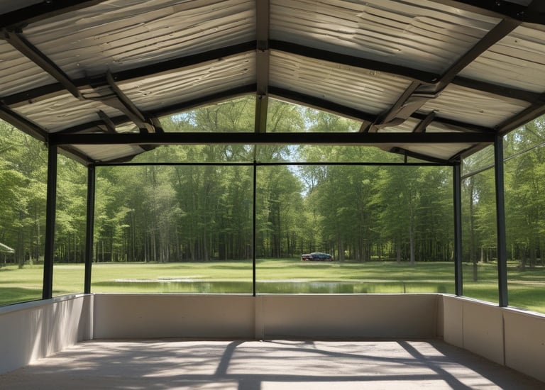 A tall industrial building with corrugated metal siding and various structural elements such as ladders and walkways. The perspective looks upward towards the sky, creating a dramatic angle. The building is marked with signs and logos.