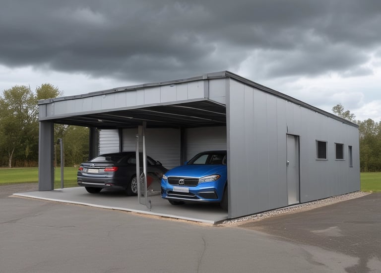 A large industrial building characterized by corrugated metal siding and small windows. The structure appears weathered, with visible rust and dirt stains. The sky above is bright with a few clouds, suggesting a sunny day.