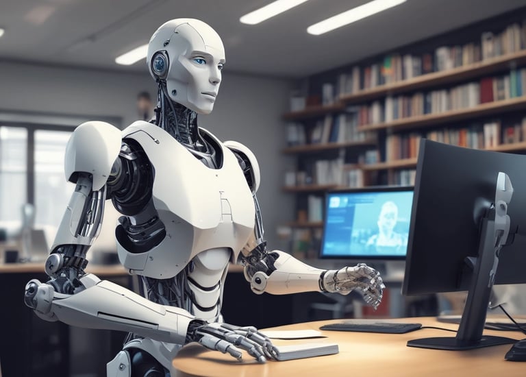 A small, round robot with a smooth white surface and blue accents operates a blue laptop on a sleek, floating platform. The robot has glowing eyes and an antenna on its head, with an 'AI' emblem on its front.