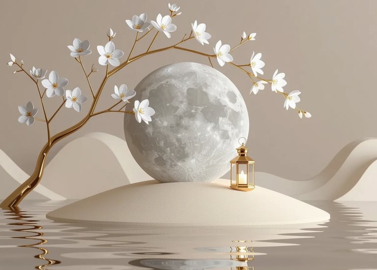 A serene island scene featuring a glowing moon above vibrant flowers, surrounded by calm water.