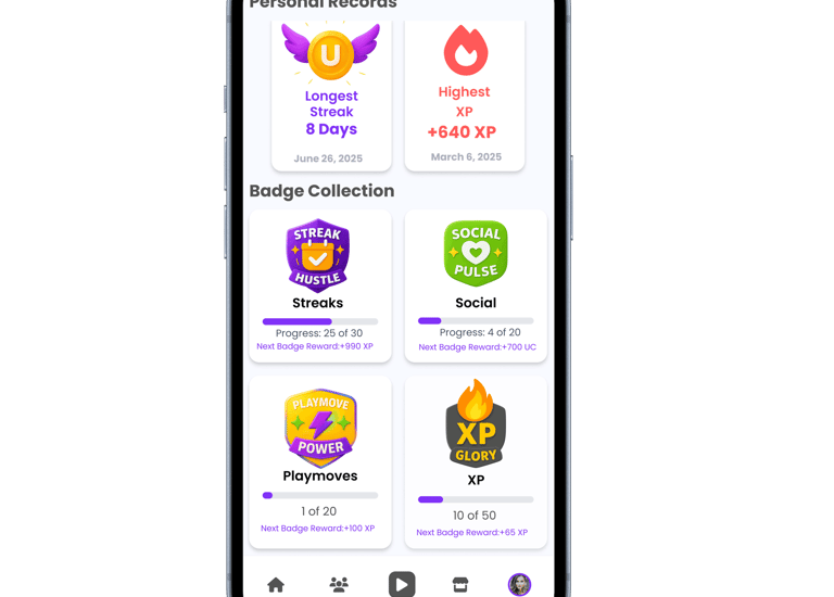 App screen displaying earned badges and progress achievements.