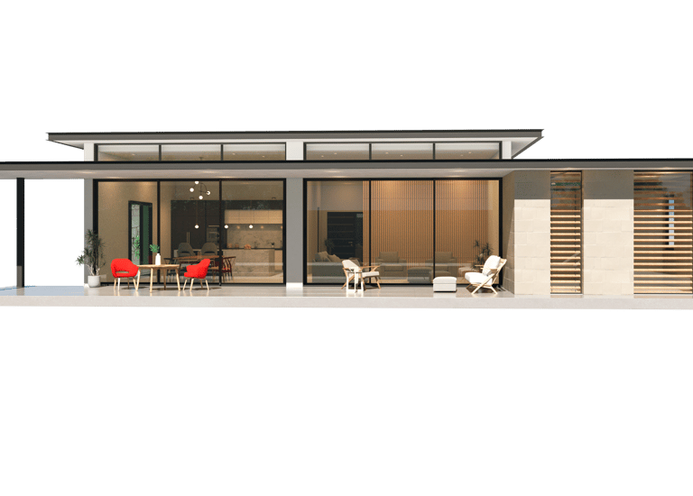 a house with a large glass door and a patio area