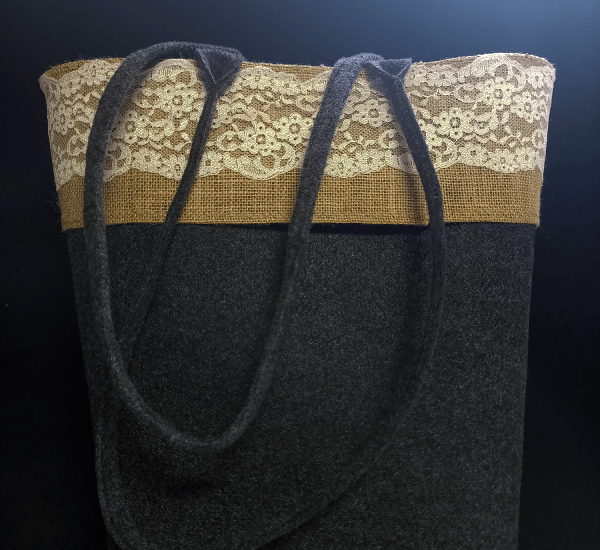 Charcoal felt bag with double handles and lace trimming