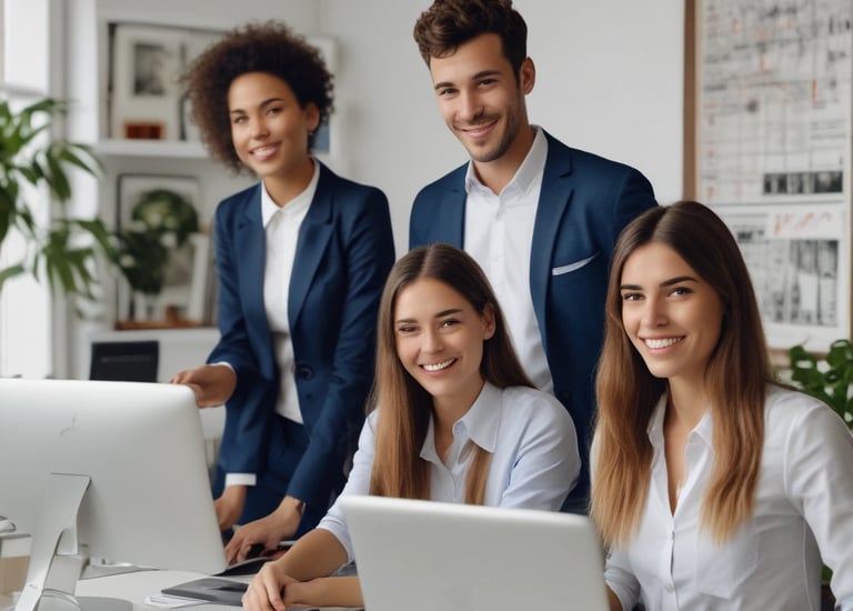 A team collaborating around a laptop with digital marketing charts.
