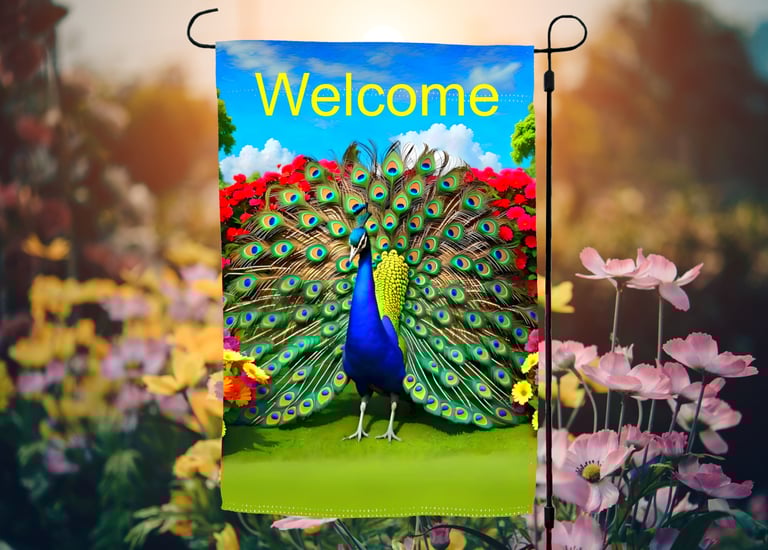 A garden flag picturing a brightly colored peacock and the word welcome.