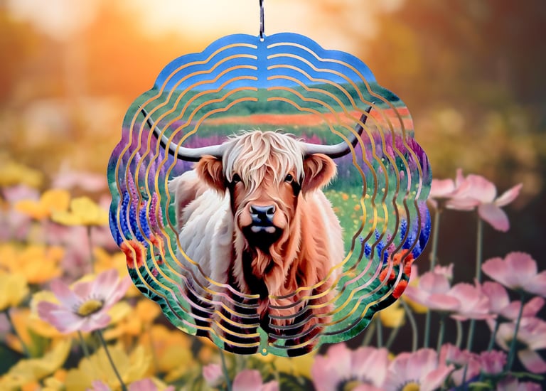 a wind spinner picturing a highland cow.