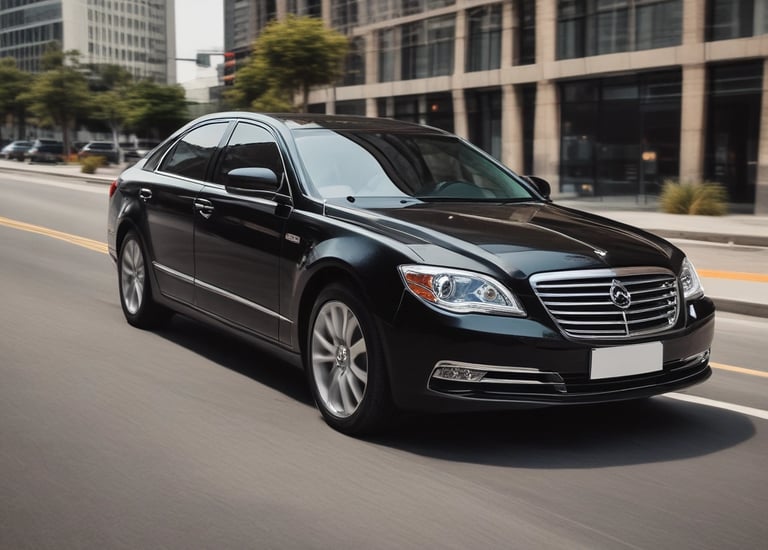 A long white limousine is parked on the street in front of a building with a green-tiled roof. The building has a sign that reads 'Louis Dreyfus Armateurs' and features a mix of brick and white plaster walls. Several green trash bins are visible on the right side of the image, alongside some palm trees and other plants.