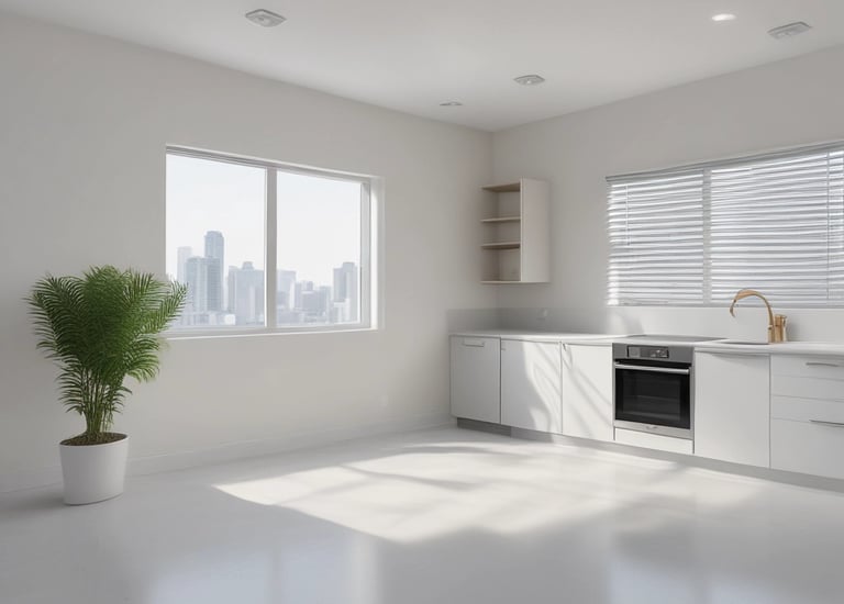 A tall red residential building with several air conditioning units fixed to its exterior, and a few individuals visibly performing maintenance work or cleaning on the windows. A curved road runs parallel to the building, with a couple of cars driving by. In the distance, other high-rise buildings are visible, along with trees providing some greenery to the urban landscape.
