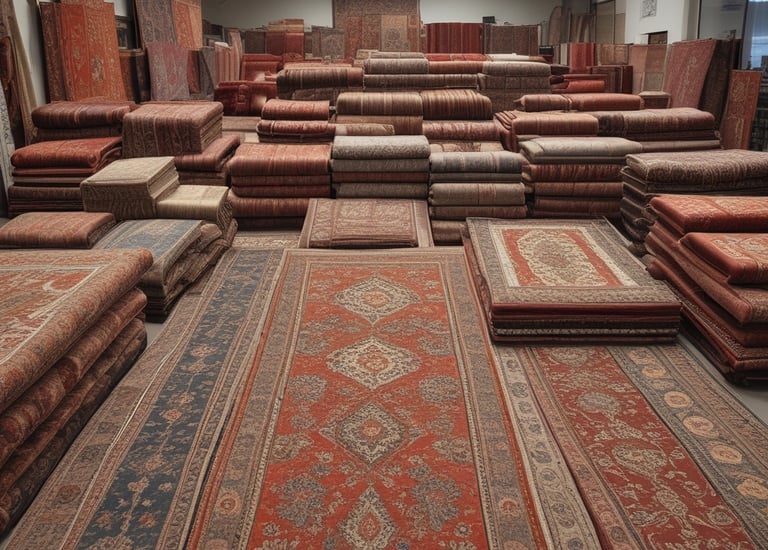 A textile shop displays an array of colorful fabrics neatly stacked on shelves. A man in traditional attire appears to be organizing or handling the fabrics. Three other men in similar attire are seated outside the shop, engaged in conversation while having tea. The shop has signs with text in what appears to be Bengali or a similar script.