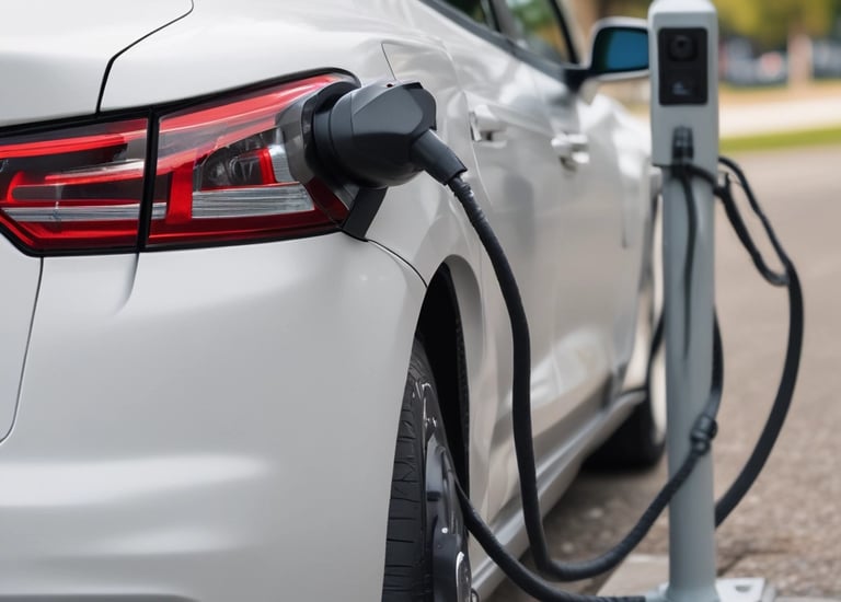 A sleek, modern electric vehicle charging station is mounted on a wall. It features a digital display showing charging status, with buttons below the screen. The charging cable is neatly integrated and hangs downward, ready for use. The station has a glossy black finish, adding a futuristic and elegant look.