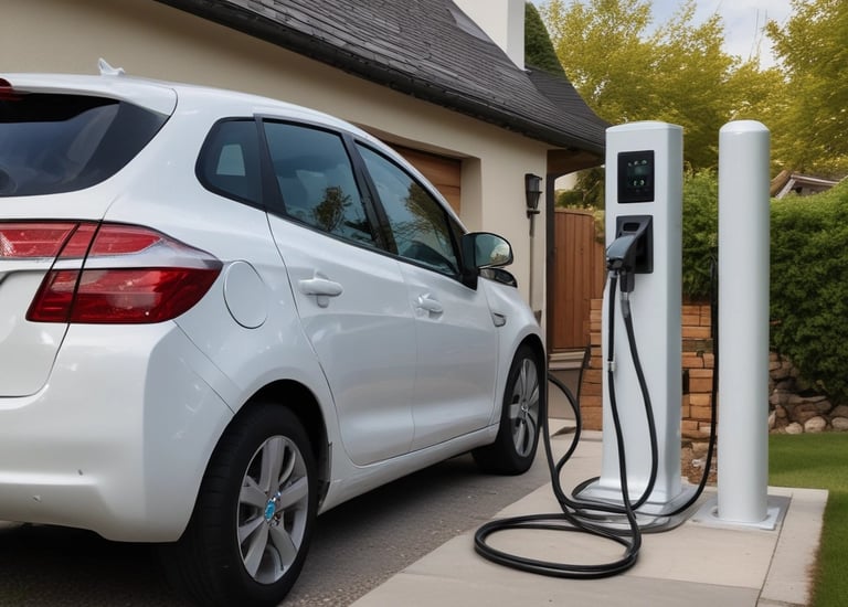 Close-up view of an electric vehicle charging port with a charging cable plugged into it. The port is labeled with the letters 'Z.E.' and is set against a smooth, dark-colored surface with a glossy finish.