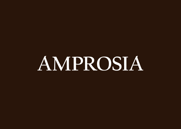 a brown and white logo with the word amprosia