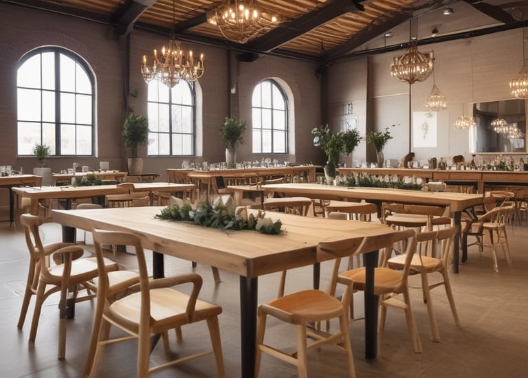 Several colorful tents are set up on a grassy area surrounded by trees. Two people are sitting on camping chairs near the tents, engaged in conversation. The scene is set amidst lush greenery, with tall trees and shrubs providing a natural backdrop.