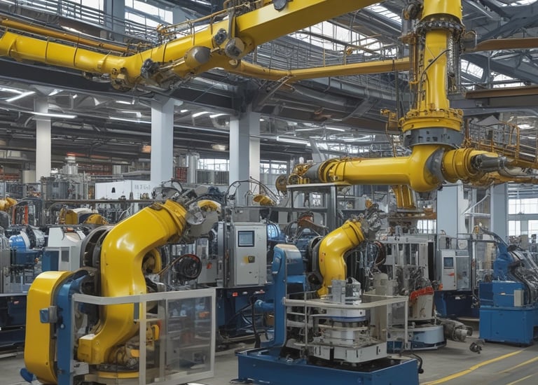 A construction site featuring a large red crane lifting a concrete section with a massive hole, positioned above a series of similar concrete sections placed in a trench. Workers wearing helmets and high-visibility vests are visible among the structures. In the background, there is a red and brown building and a clear blue sky with some clouds.