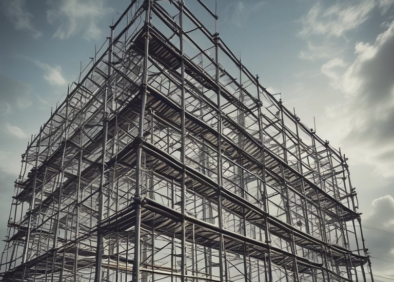 A historic building is under renovation with bright yellow scaffolding on the facade. The building is set against a backdrop of modern high-rise structures. A crane is visible above, indicating ongoing construction work in the area.