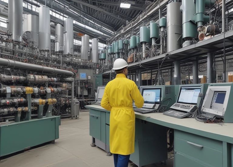 A complex network of industrial equipment featuring shiny metal pipes and machinery, including motors and valves. The setup appears to be part of a processing or manufacturing plant, highlighting various components and instrumentation involved in industrial operations.