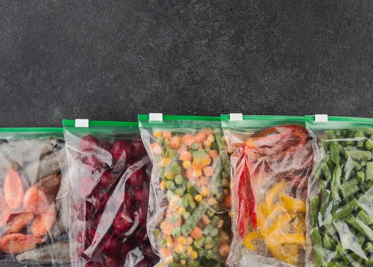 a bunch of frozen vegetables and fruits bags