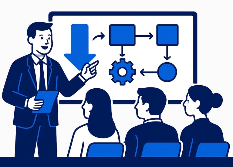 um homem de terno fazendo uma apresentação sobre um processo