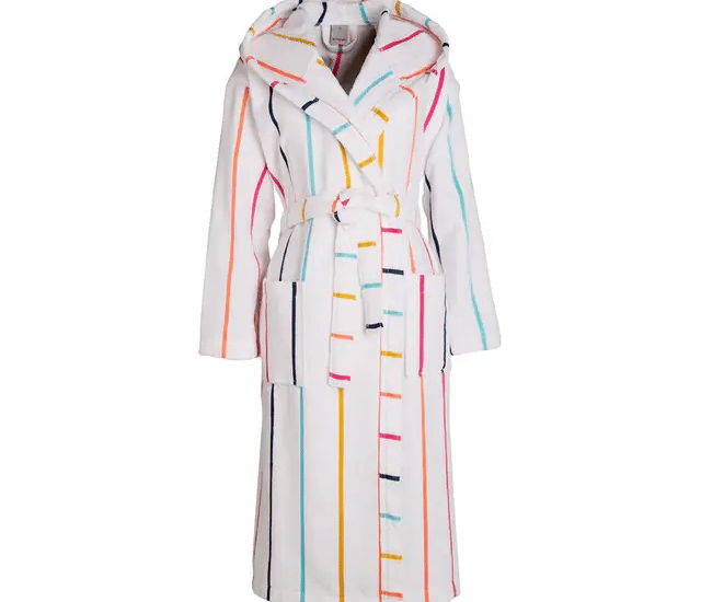 a white rober with a colorful striped coat