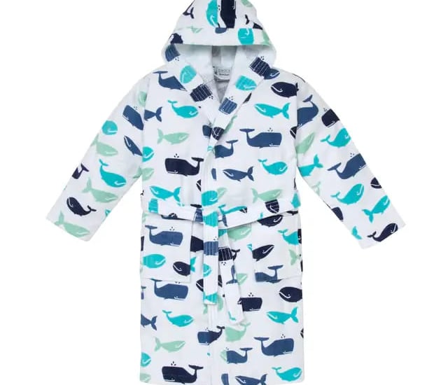 a bathrobe with a white robe and a blue whale