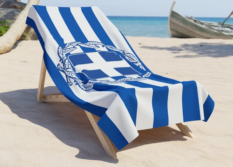 a beach chair with a blue and white striped towel