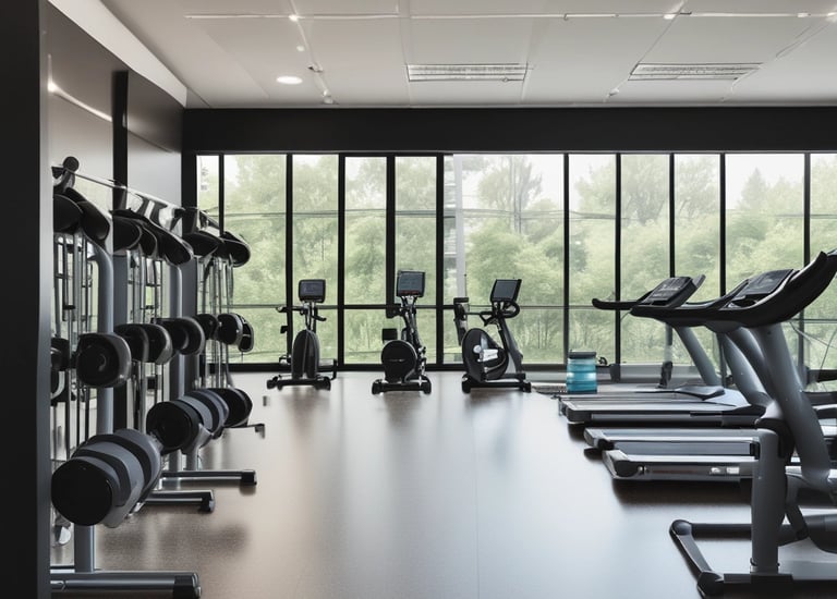 A gym room featuring several Cybex exercise machines arranged neatly. The machines are predominantly white with red seating, and the room has a clean, orderly appearance with overhead fluorescent lighting. The walls are a neutral color, and the flooring appears to be a mix of beige and light wooden tones.