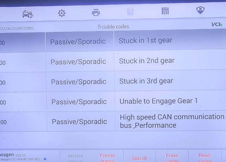 Volkswagen OBD2 diagnostic scanner screen showing transmission fault codes P072C00, P072D00, and P072E00.