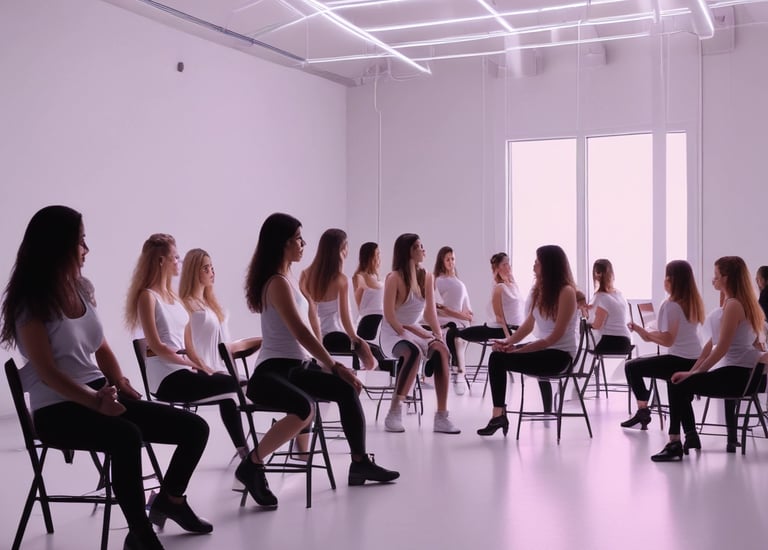 A group of people practicing yoga together in a bright studio.