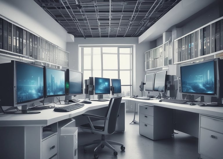 A dimly lit server room with multiple racks of computer servers surrounded by cables and various technical equipment. The space has an industrial feel with visible pipes and ductwork, and a sign on one rack stating 'Do not use'.