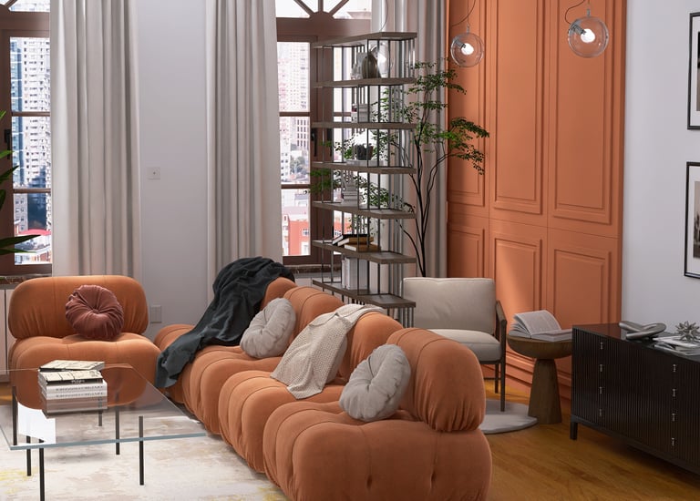 Nowoczesny loftowy salon z akcentami koloru pomarańczowego.